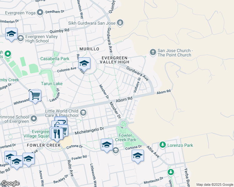 map of restaurants, bars, coffee shops, grocery stores, and more near 3582 Nantes Court in San Jose