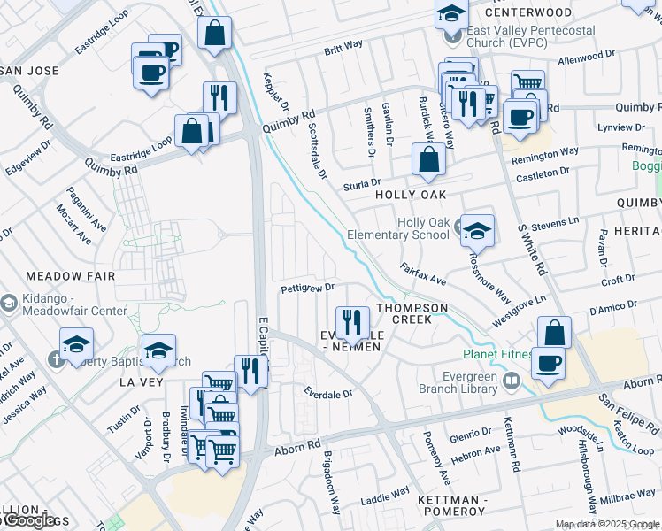 map of restaurants, bars, coffee shops, grocery stores, and more near 2663 Whispering Hills Circle in San Jose