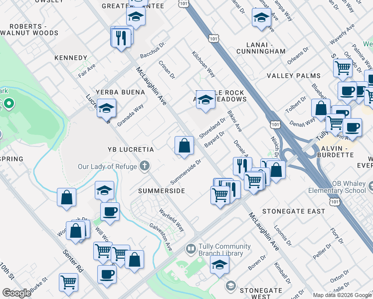 map of restaurants, bars, coffee shops, grocery stores, and more near 2175 Summerton Drive in San Jose