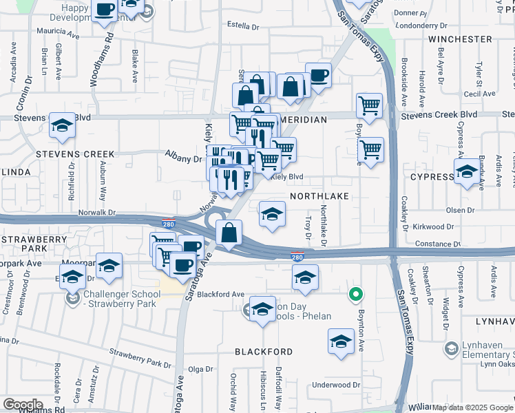 map of restaurants, bars, coffee shops, grocery stores, and more near 460 Saratoga Avenue in San Jose