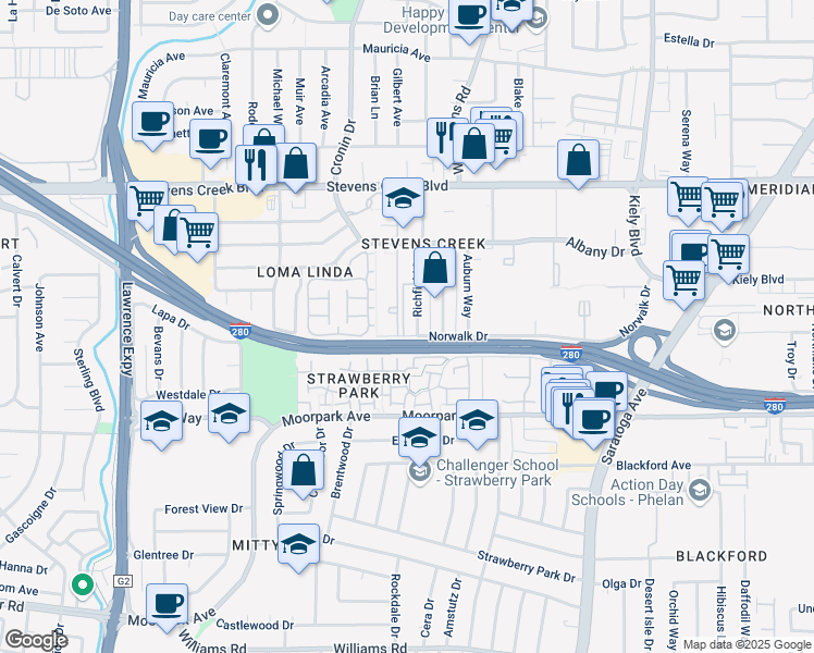 map of restaurants, bars, coffee shops, grocery stores, and more near 4701 Norwalk Drive in San Jose