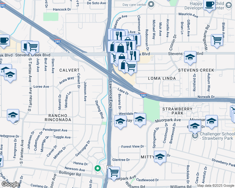 map of restaurants, bars, coffee shops, grocery stores, and more near 492 Doyle Road in San Jose