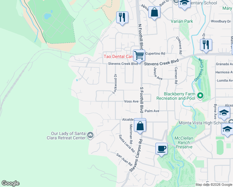 map of restaurants, bars, coffee shops, grocery stores, and more near 10319 McKlintock Lane in Cupertino