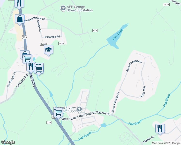map of restaurants, bars, coffee shops, grocery stores, and more near 121 Squire Circle in Lynchburg