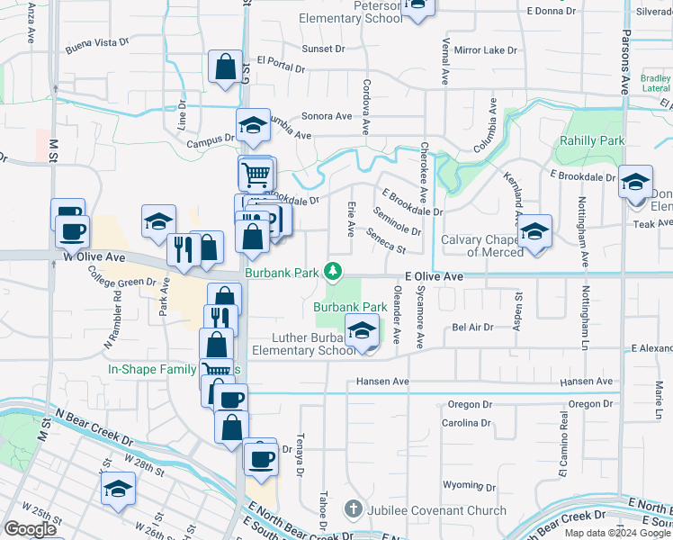 map of restaurants, bars, coffee shops, grocery stores, and more near 439 East Olive Avenue in Merced