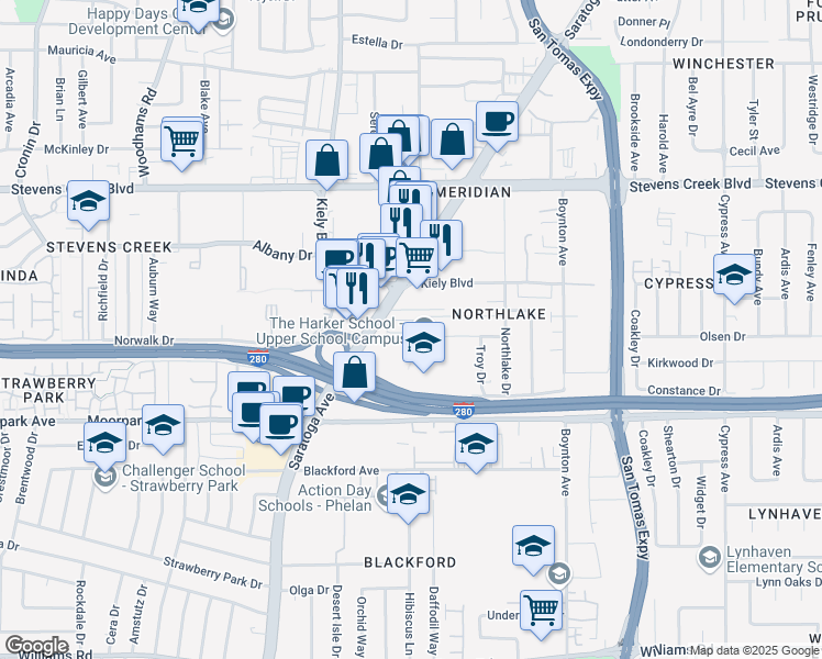 map of restaurants, bars, coffee shops, grocery stores, and more near 456 Saratoga Avenue in San Jose