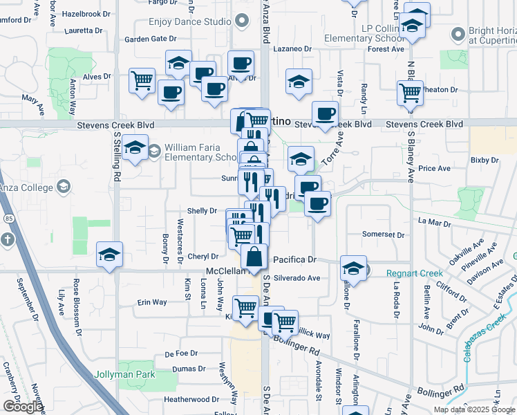 map of restaurants, bars, coffee shops, grocery stores, and more near 10265 South De Anza Boulevard in Cupertino