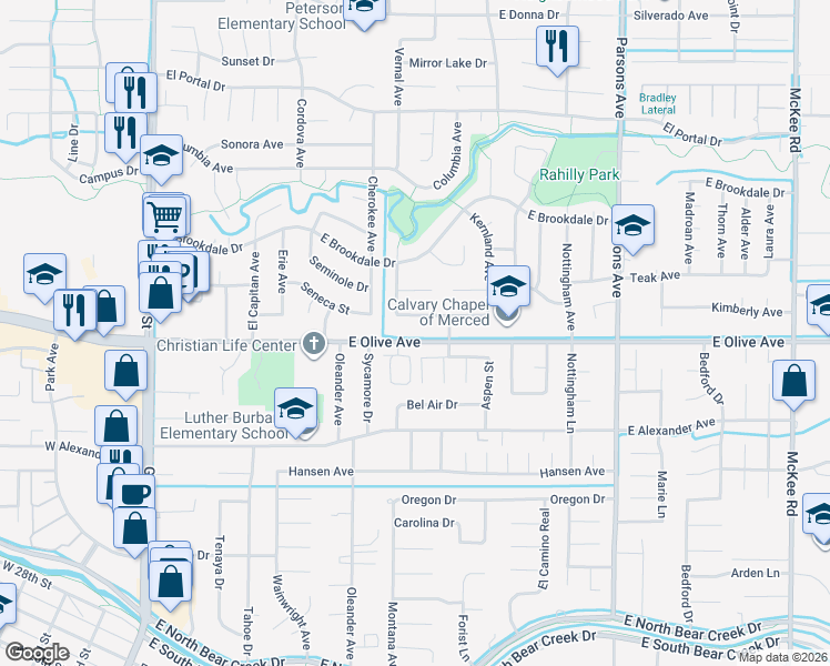 map of restaurants, bars, coffee shops, grocery stores, and more near 1049 East Olive Avenue in Merced