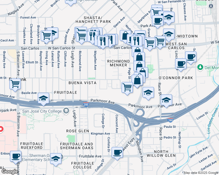 map of restaurants, bars, coffee shops, grocery stores, and more near 529 Chiechi Avenue in San Jose
