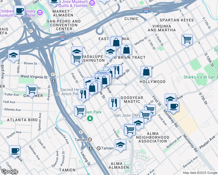 map of restaurants, bars, coffee shops, grocery stores, and more near South Almaden Avenue in San Jose