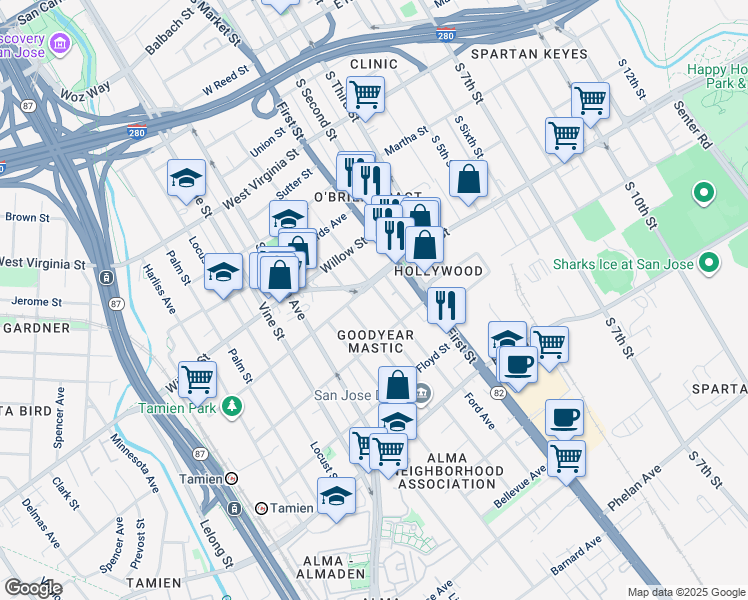 map of restaurants, bars, coffee shops, grocery stores, and more near 1125 Sherman Street in San Jose