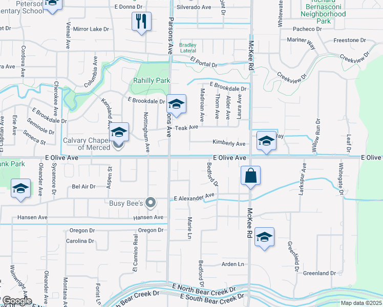map of restaurants, bars, coffee shops, grocery stores, and more near 3110 Vickie Court in Merced