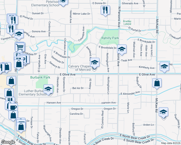 map of restaurants, bars, coffee shops, grocery stores, and more near 1315 East Olive Avenue in Merced