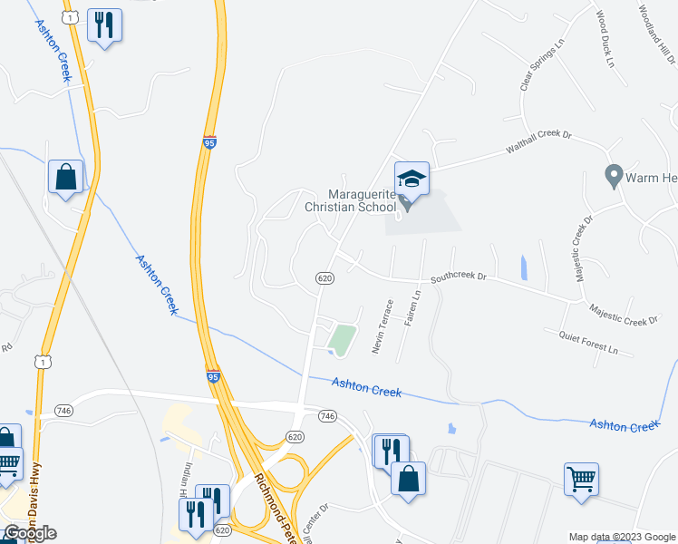 map of restaurants, bars, coffee shops, grocery stores, and more near 15108 Crayfish Court in Colonial Heights