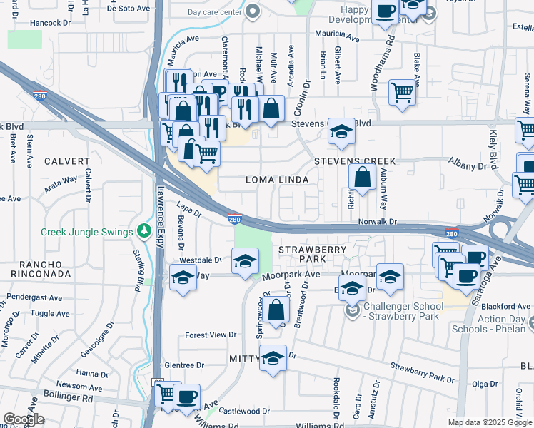 map of restaurants, bars, coffee shops, grocery stores, and more near 447 Casa Blanca Drive in San Jose