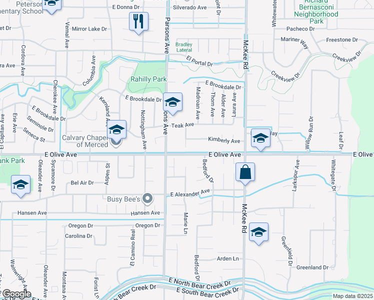 map of restaurants, bars, coffee shops, grocery stores, and more near 3110 Vickie Court in Merced