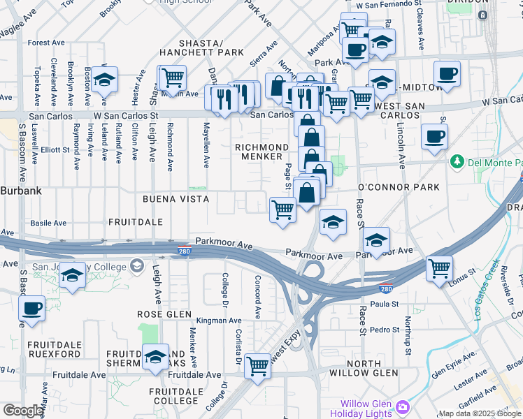 map of restaurants, bars, coffee shops, grocery stores, and more near 531 South Willard Avenue in San Jose