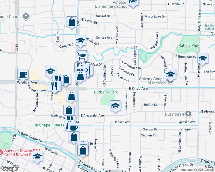 map of restaurants, bars, coffee shops, grocery stores, and more near 439 East Olive Avenue in Merced