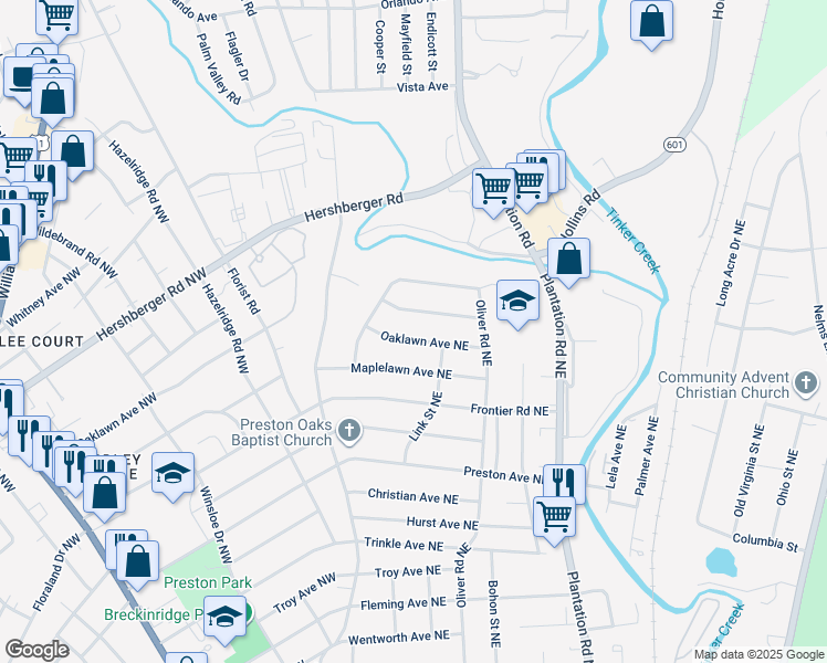 map of restaurants, bars, coffee shops, grocery stores, and more near 162 Oaklawn Avenue Northeast in Roanoke