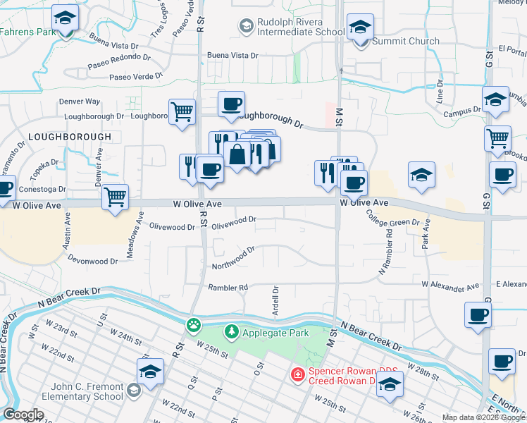 map of restaurants, bars, coffee shops, grocery stores, and more near 840 West Olive Avenue in Merced