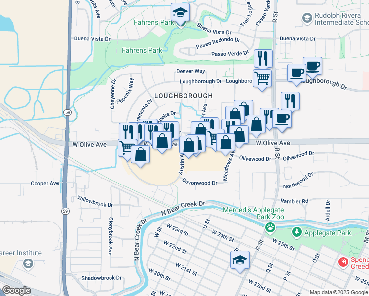 map of restaurants, bars, coffee shops, grocery stores, and more near 1360 West Olive Avenue in Merced