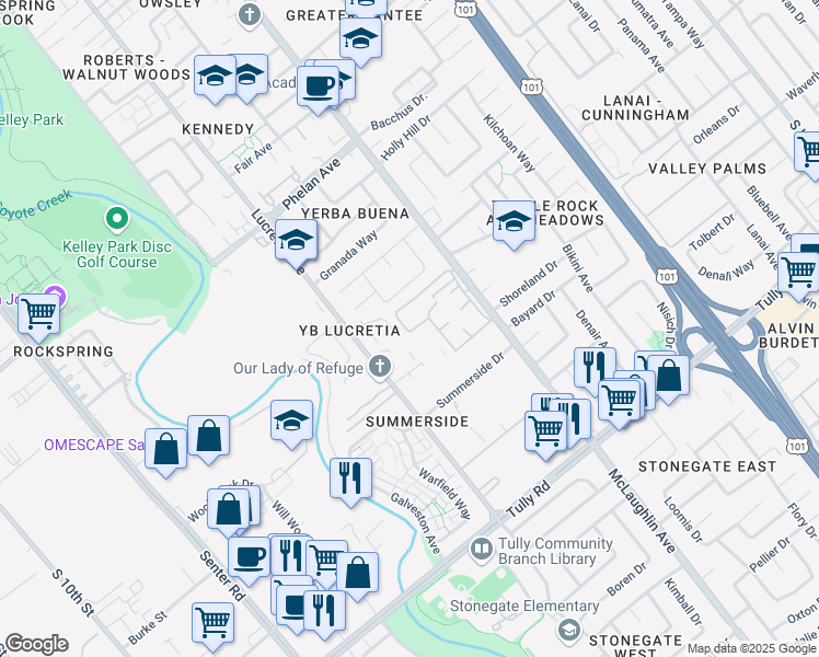 map of restaurants, bars, coffee shops, grocery stores, and more near 986 Summerplace Drive in San Jose