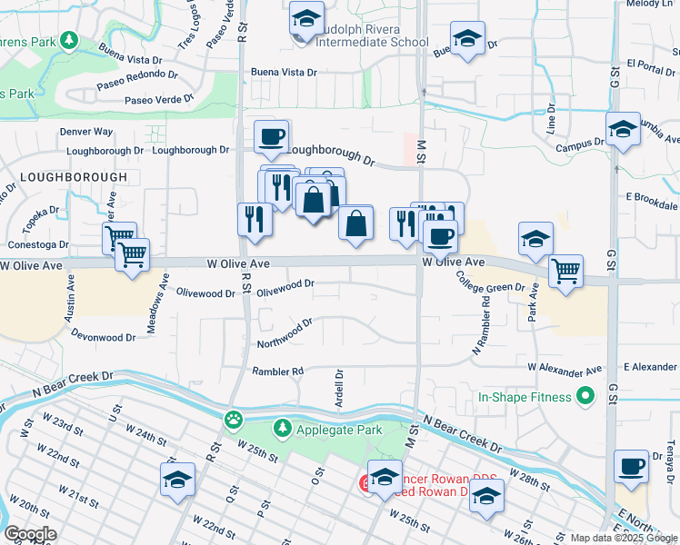 map of restaurants, bars, coffee shops, grocery stores, and more near 700 Applewood Lane in Merced