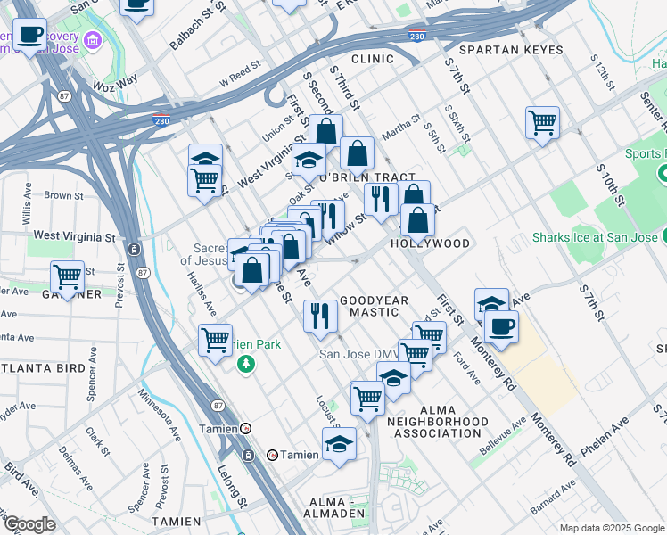 map of restaurants, bars, coffee shops, grocery stores, and more near 142 Graham Avenue in San Jose