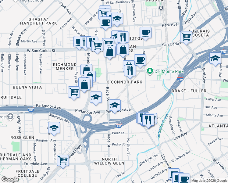 map of restaurants, bars, coffee shops, grocery stores, and more near 625 Lincoln Avenue in San Jose