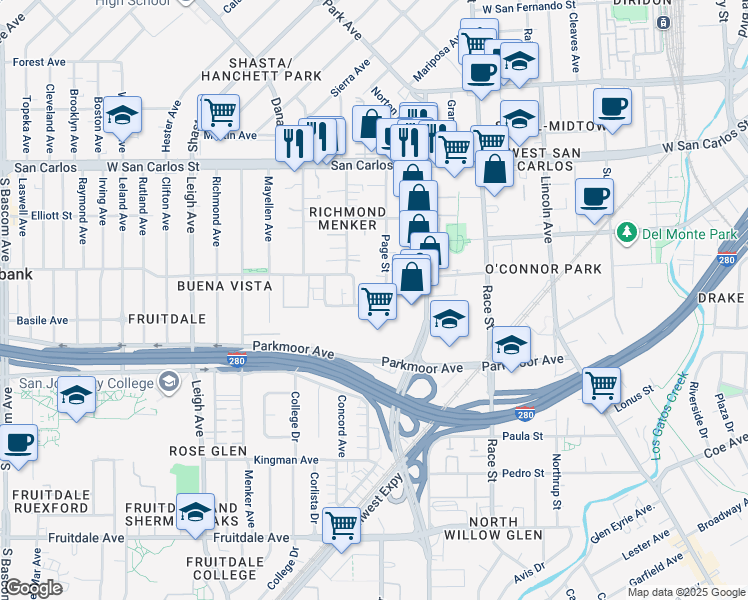 map of restaurants, bars, coffee shops, grocery stores, and more near 550 Chiechi Avenue in San Jose