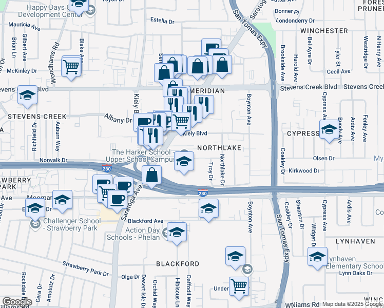 map of restaurants, bars, coffee shops, grocery stores, and more near 462 Saratoga Avenue in San Jose