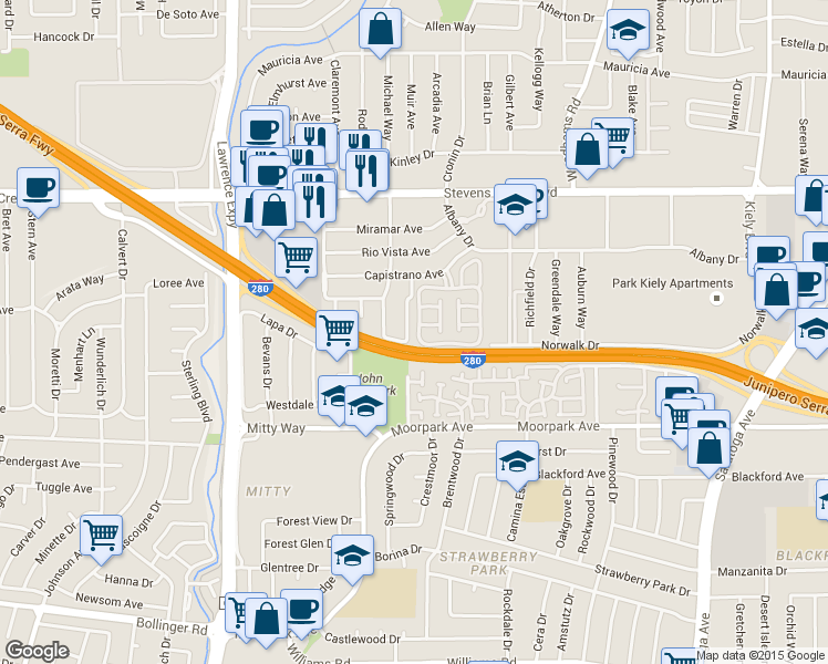 map of restaurants, bars, coffee shops, grocery stores, and more near 447 Casa Blanca Drive in San Jose