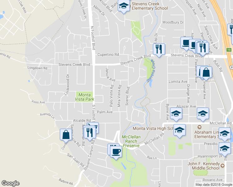 map of restaurants, bars, coffee shops, grocery stores, and more near 10317 Mira Vista Road in Cupertino