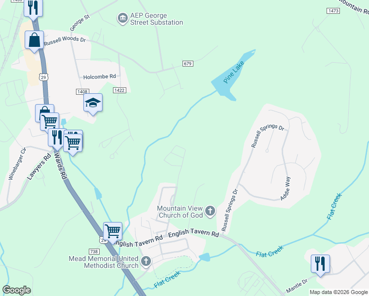map of restaurants, bars, coffee shops, grocery stores, and more near 143 Squire Circle in Lynchburg