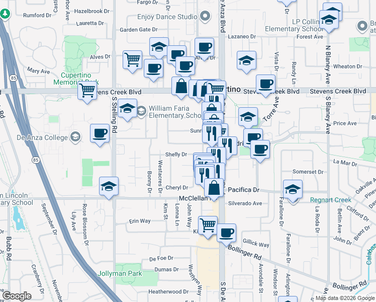 map of restaurants, bars, coffee shops, grocery stores, and more near 20668 Shelly Drive in Cupertino