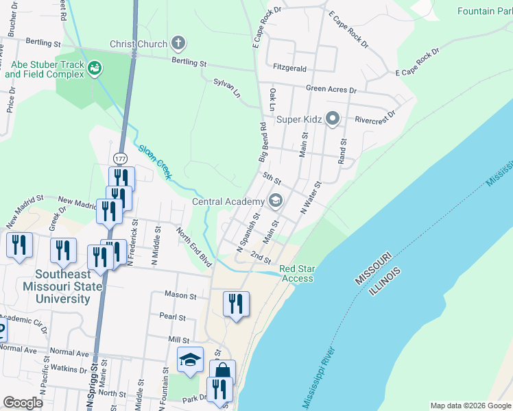 map of restaurants, bars, coffee shops, grocery stores, and more near 1232 North Spanish Street in Cape Girardeau