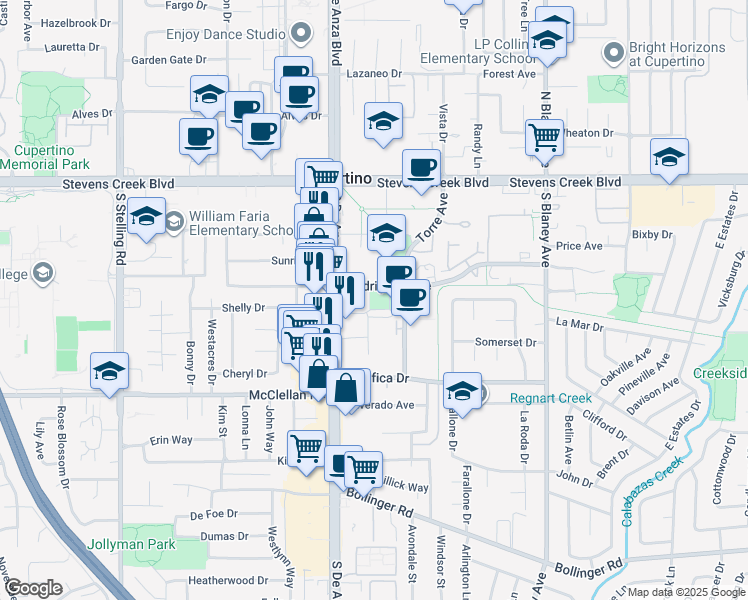 map of restaurants, bars, coffee shops, grocery stores, and more near 20380 Town Center Lane in Cupertino