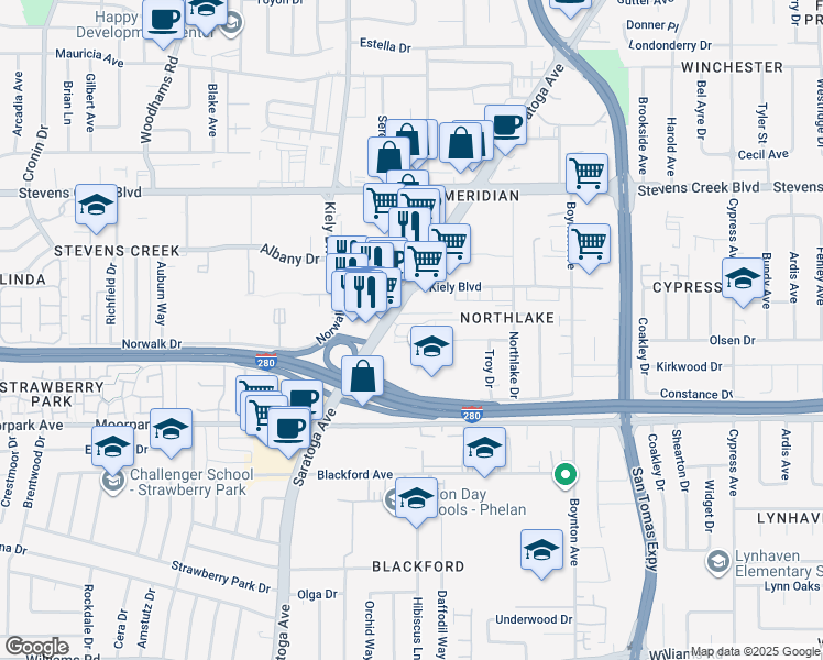 map of restaurants, bars, coffee shops, grocery stores, and more near 470 Saratoga Avenue in San Jose