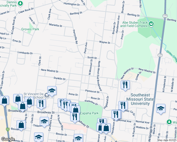 map of restaurants, bars, coffee shops, grocery stores, and more near 1019 North Missouri Street in Cape Girardeau