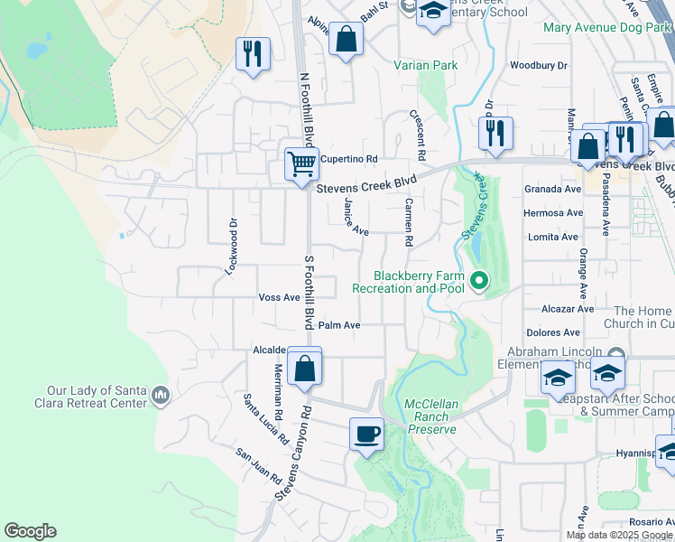 map of restaurants, bars, coffee shops, grocery stores, and more near 10310 Walnut Circle in Cupertino