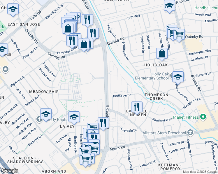 map of restaurants, bars, coffee shops, grocery stores, and more near 2574 Whispering Hills Circle in San Jose