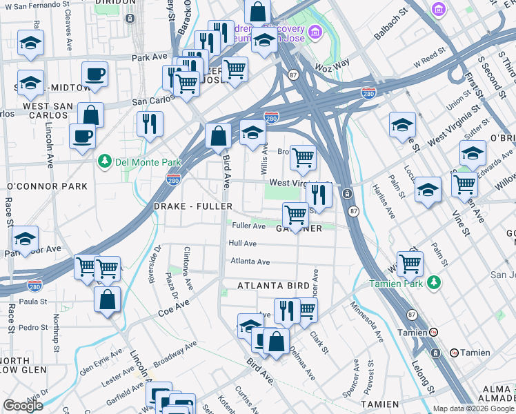 map of restaurants, bars, coffee shops, grocery stores, and more near 841 Willis Avenue in San Jose