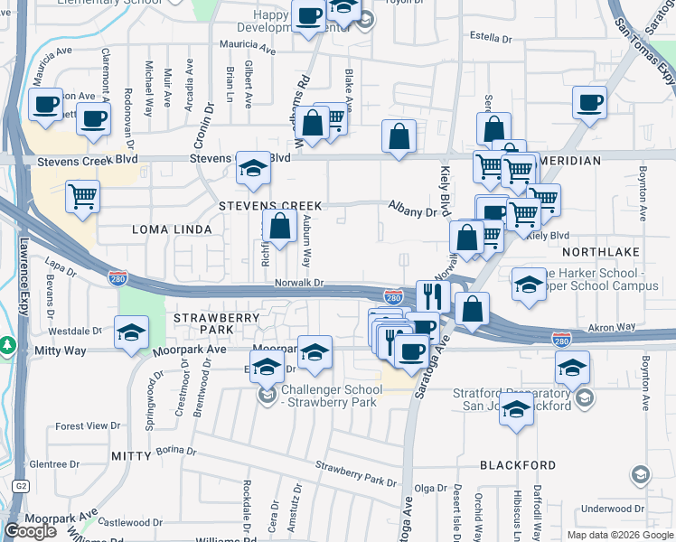 map of restaurants, bars, coffee shops, grocery stores, and more near 4415 Norwalk Drive in San Jose