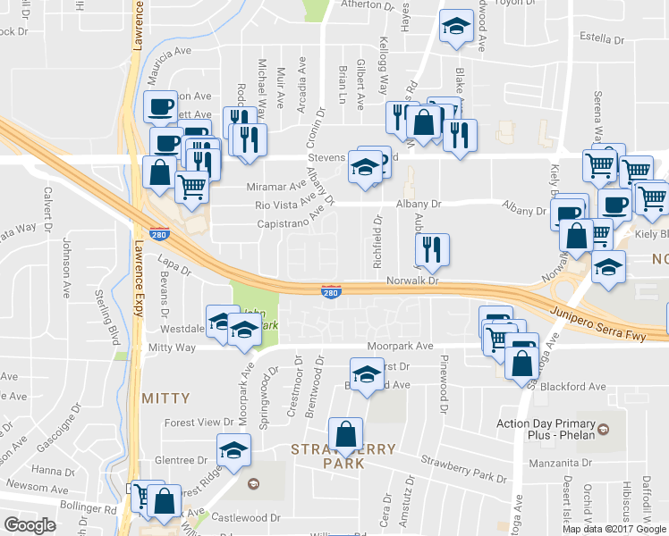 map of restaurants, bars, coffee shops, grocery stores, and more near 4774 Rio Rita Way in San Jose