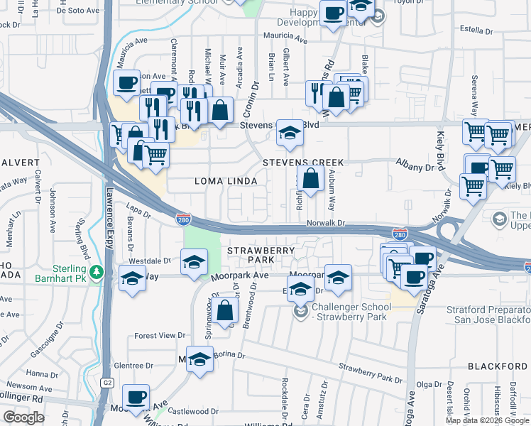 map of restaurants, bars, coffee shops, grocery stores, and more near 4774 Rio Rita Way in San Jose