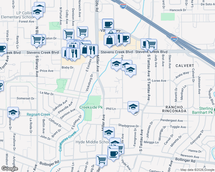 map of restaurants, bars, coffee shops, grocery stores, and more near 19444 Greenwood Drive in Cupertino
