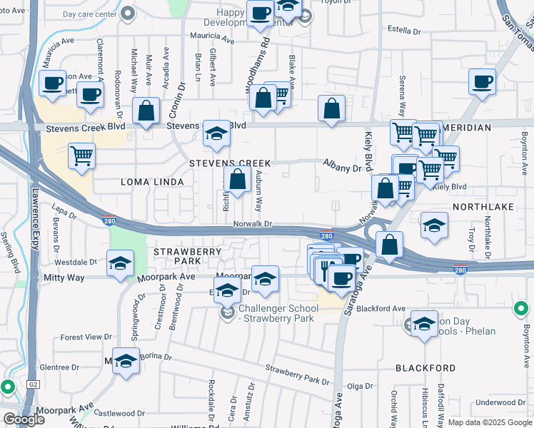 map of restaurants, bars, coffee shops, grocery stores, and more near 460 Auburn Way in San Jose