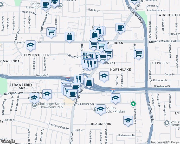 map of restaurants, bars, coffee shops, grocery stores, and more near 487 Saratoga Avenue in San Jose
