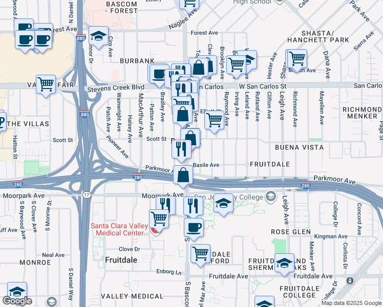 map of restaurants, bars, coffee shops, grocery stores, and more near 531 South Bascom Avenue in San Jose