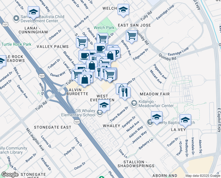 map of restaurants, bars, coffee shops, grocery stores, and more near 1669 Flanigan Drive in San Jose